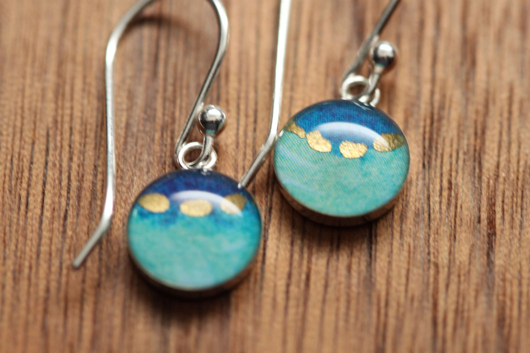 Tiny turquoise and gold earrings made from recycled Starbucks gift cards, sterling silver and resin