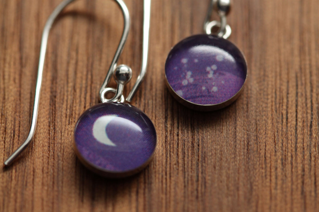 Tiny Moon earrings made from recycled Starbucks gift cards, sterling silver and resin