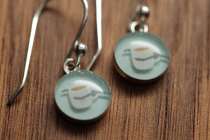 Tiny coffee cup earrings made from recycled Starbucks gift cards, sterling silver and resin
