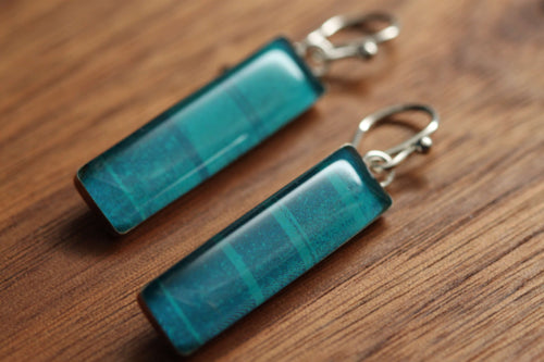 Ocean Blue earrings made from recycled Starbucks gift cards, sterling silver and resin