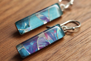 Mermaid scale earrings made from recycled Starbucks gift cards, sterling silver and resin