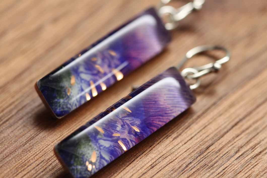 Purple sunset earrings made from recycled Starbucks gift cards, sterling silver and resin