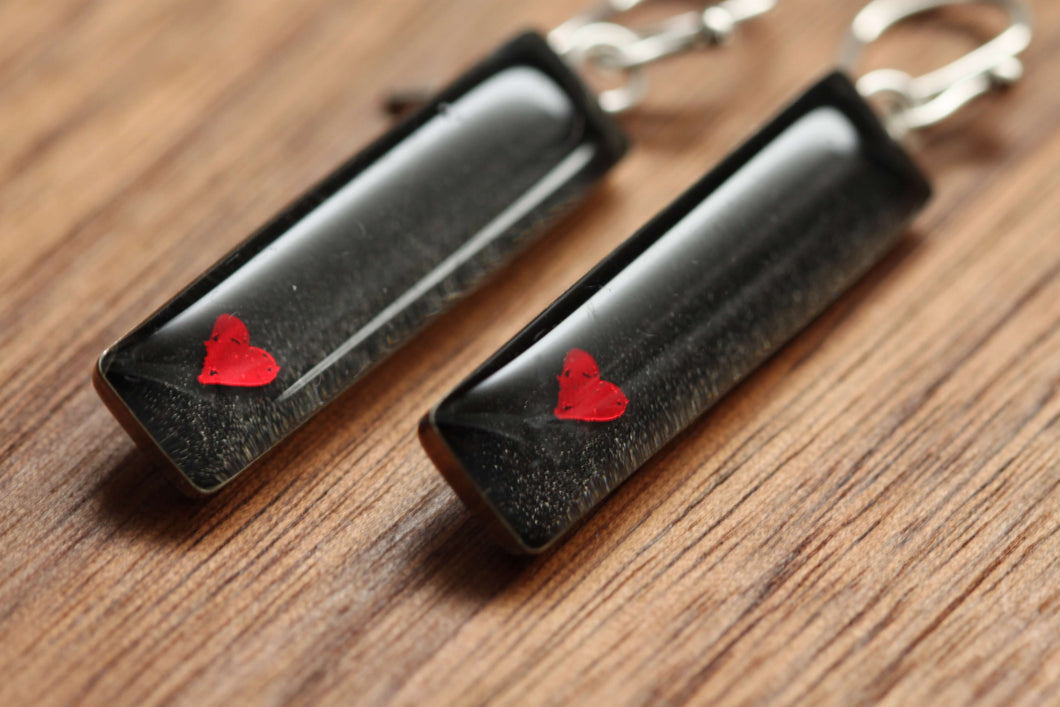 Red heart rectangle earrings made from recycled Starbucks gift cards, sterling silver and resin