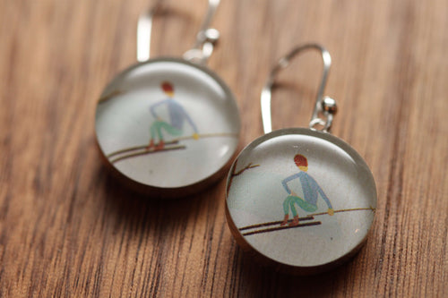 Skiing earrings made from recycled Starbucks gift cards, sterling silver and resin