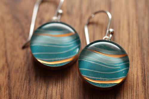 Floating at sea earrings 15mm made from recycled Starbucks gift cards, sterling silver and resin