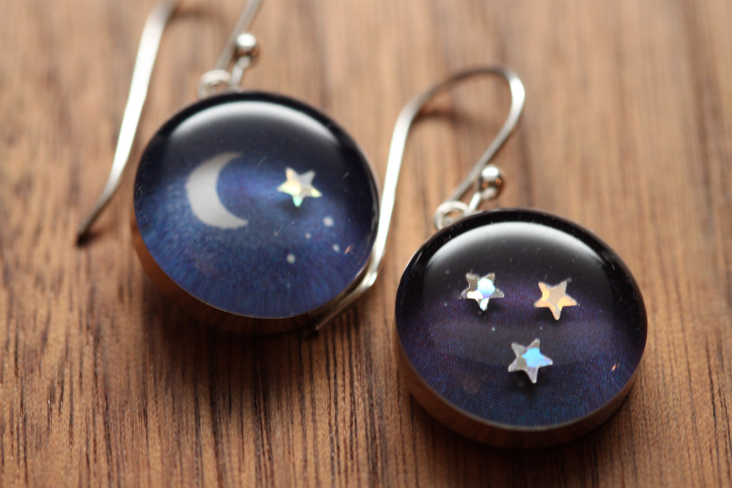 Moon earrings made from recycled Starbucks gift cards, sterling silver and resin