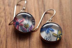 Wildflower earrings made from recycled Starbucks gift cards, sterling silver and resin