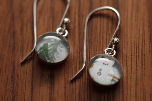 Tiny snowman earrings made from recycled Starbucks gift cards, sterling silver and resin