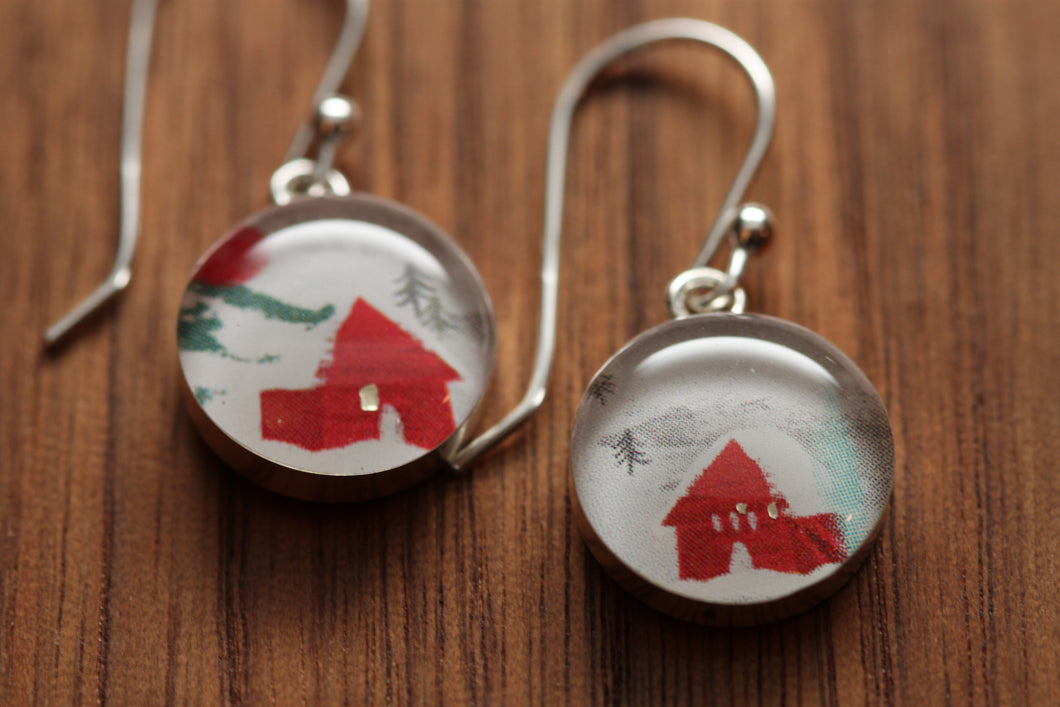 Little red house earrings made from recycled Starbucks gift cards, sterling silver and resin