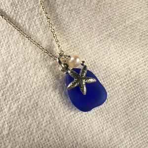 Silver Star Fish and Sea Glass Necklace (Choose Color)