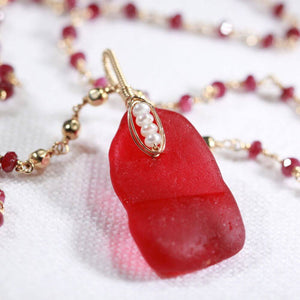 Rare Red Sea Glass with a Ruby 14kt GF Chain