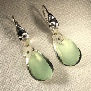 Fancy Ear Wire Floating Silver Bezel and Sea Glass Earrings (Choose Color)