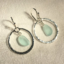Load image into Gallery viewer, Hammered Circle Sea Glass Earrings in Silver (Choose Color)