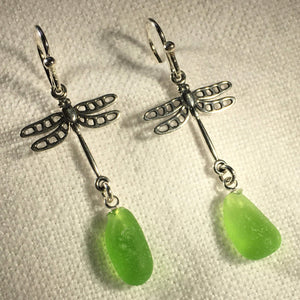 Sea Glass Silver Dragonfly Earrings (Choose Color)