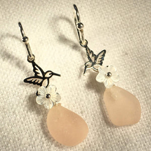 Sea Glass and Tiny Hummingbird Earrings (Choose Color)